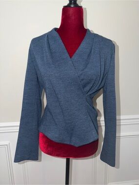 ADELINA Korean Designer Wrap Front Draped Top Jacket Blue Marled Grey‎